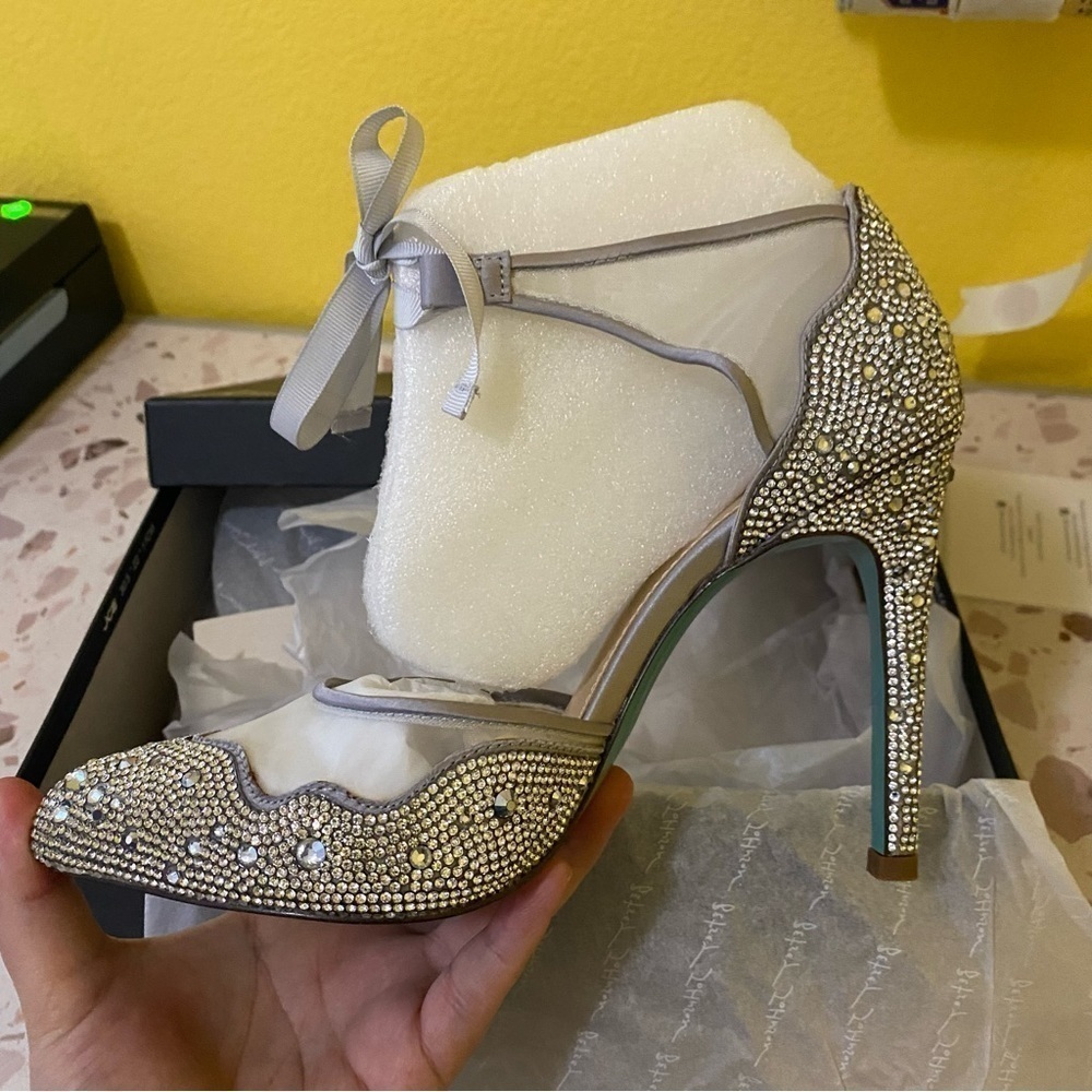 Betsey Johnson New Iris Silver Rhinestone Ankle Strap Stiletto Heels Pumps Bride - Picture 7 of 13